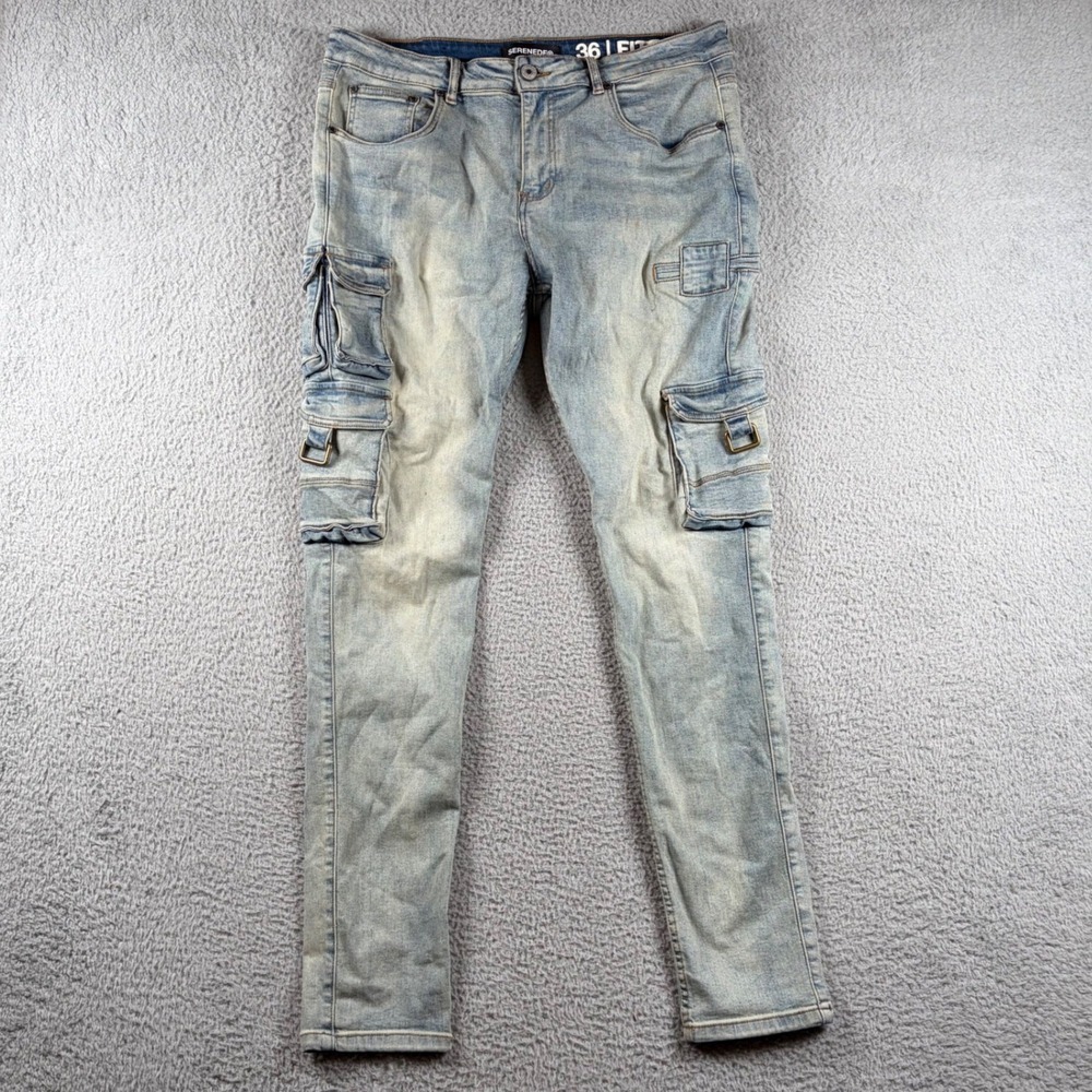 Serenede Mens 36 Fitted Denim Cargo Jeans Light Wash Blue Tactical Utility Slim